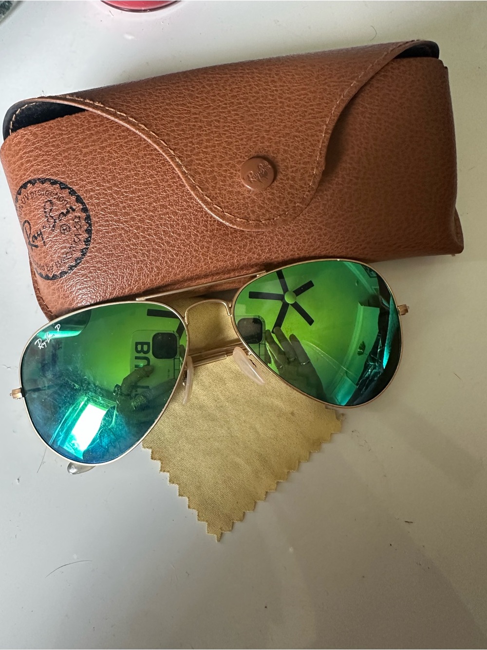 Ray-Ban Gold Frame Sunglasses with Green Mirrored Lenses